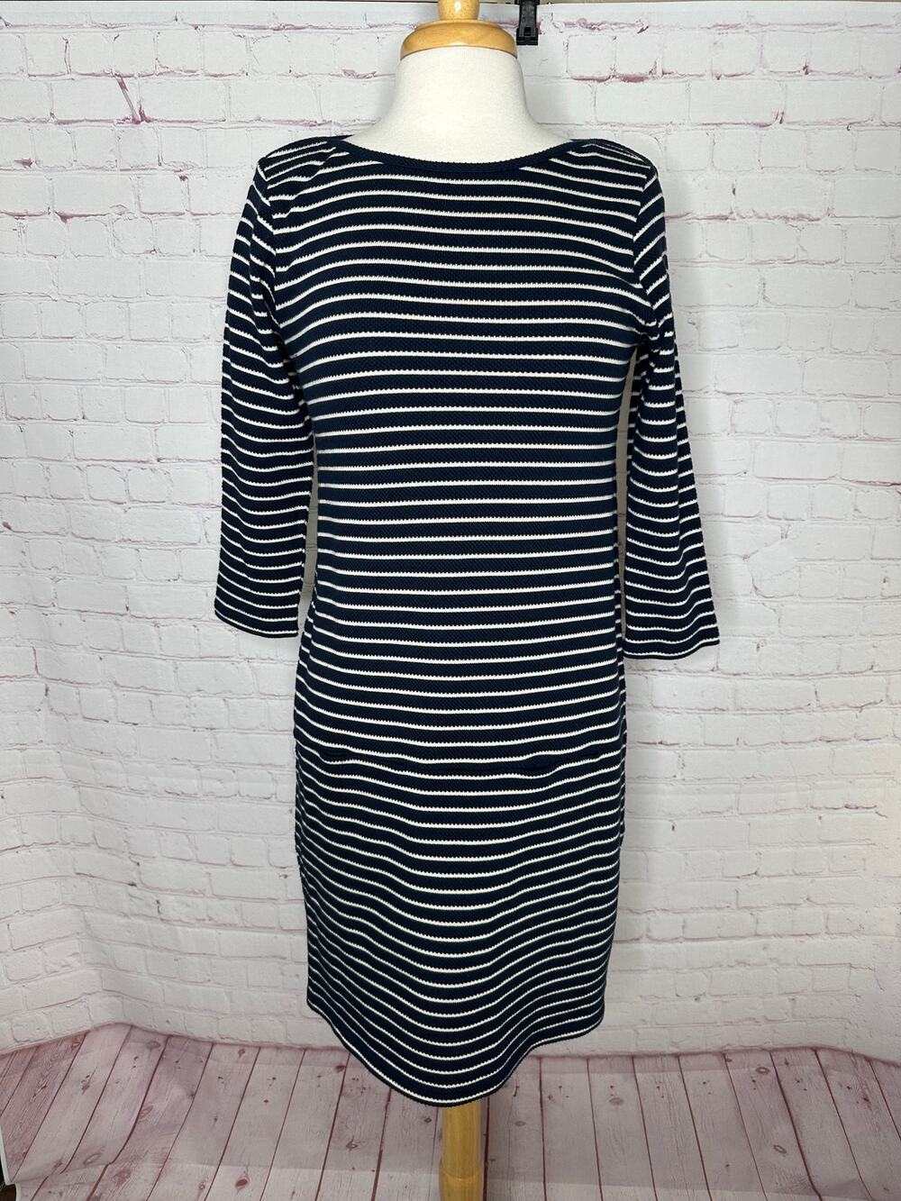 Reiss 100% Cotton Knit Striped Dress Navy Blue White Stripe Womens US 10